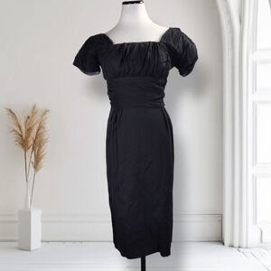 Vintage 50s Black Silk Bombshell Cocktail Dress Ruched Empire Waist S 4